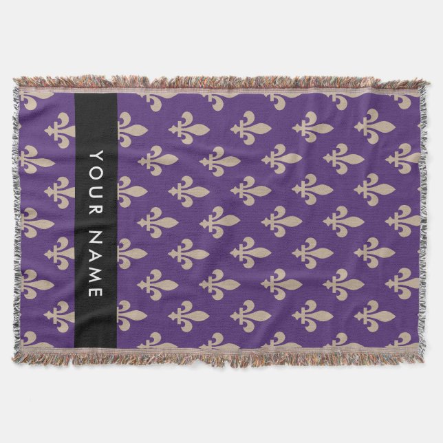 Fleur de Lis, Beige auf Lila, Royal, Ihr Name Decke (Vorderseite)