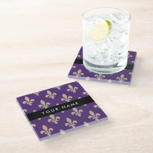 Fleur de Lis, Beige auf Lila, Royal, Ihr Name Glasuntersetzer