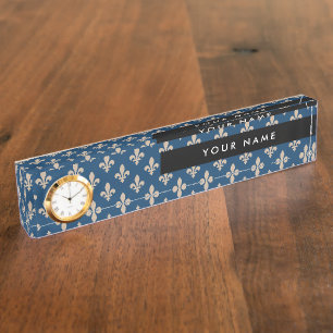 Fleur de Lis, Beige auf Navyblau, Königlich, Ihr N Namensplakette
