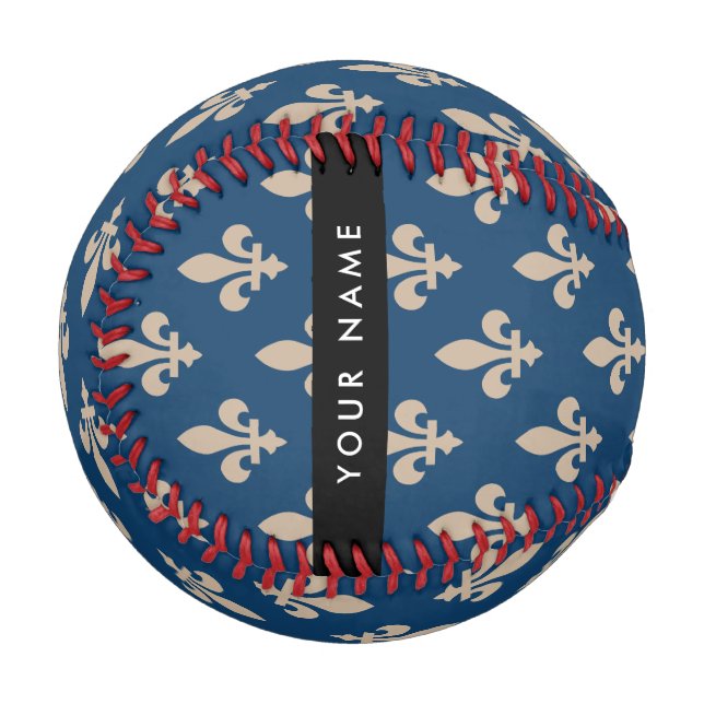 Fleur de Lis, Beige auf Navyblau, Royal, Ihr Name Baseball (Vorderseite Links)