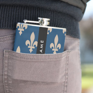 Fleur de Lis, Beige auf Navyblau, Royal, Ihr Name Flachmann
