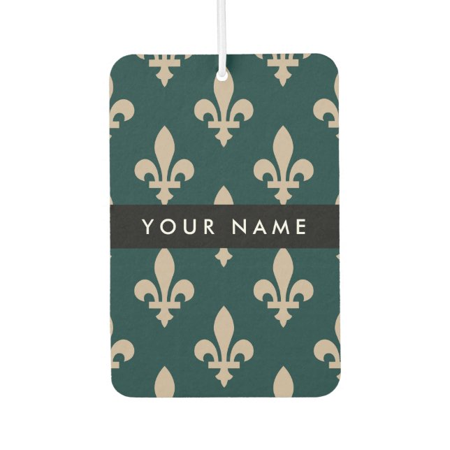 Fleur de Lis, Beige on Green, Royal, Your Name Autolufterfrischer (Vorderseite)
