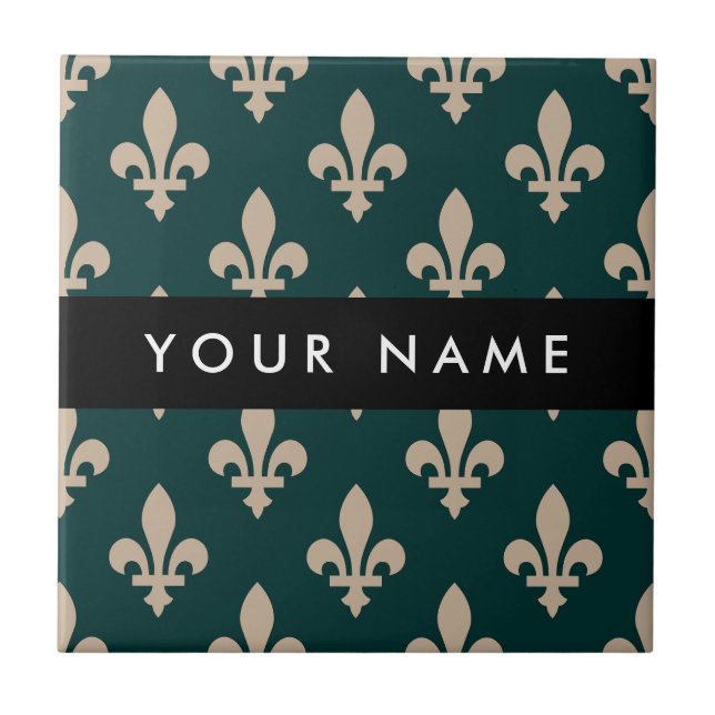 Fleur de Lis, Beige on Green, Royal, Your Name Fliese (Vorderseite)