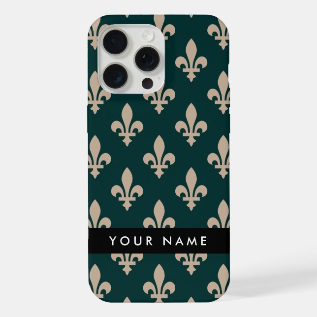 Fleur de Lis, Beige on Green, Royal, Your Name iPhone Hülle (Rückseite)