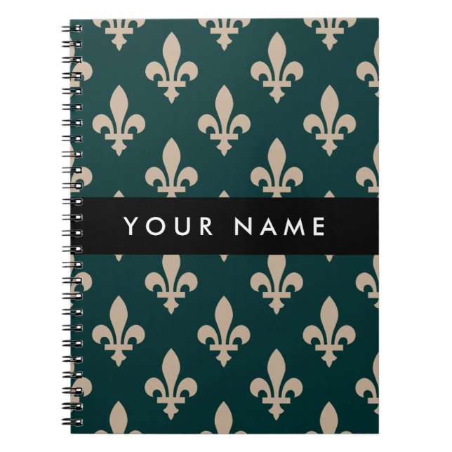 Fleur de Lis, Beige on Green, Royal, Your Name Notizblock (Vorderseite)