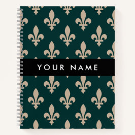 Fleur de Lis, Beige on Green, Royal, Your Name Notizbuch