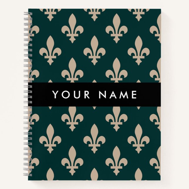 Fleur de Lis, Beige on Green, Royal, Your Name Notizbuch (Vorderseite)