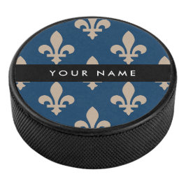 Fleur de Lis, Beige on Navy Blue, Royal, Your Name Eishockey Puck