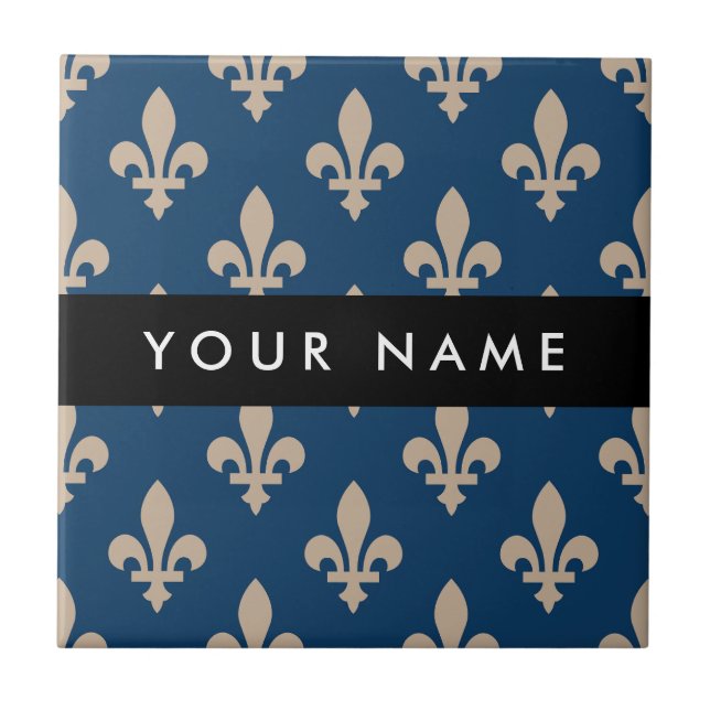 Fleur de Lis, Beige on Navy Blue, Royal, Your Name Fliese (Vorderseite)