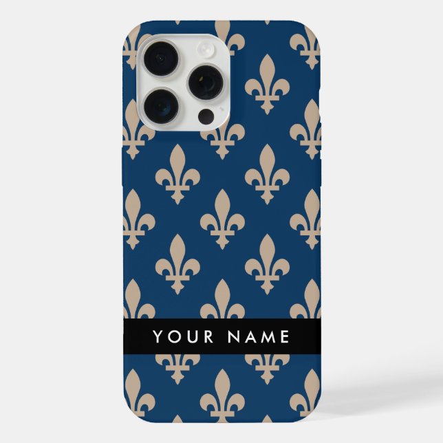 Fleur de Lis, Beige on Navy Blue, Royal, Your Name iPhone Hülle (Rückseite)