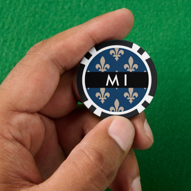 Fleur de Lis, Beige on Navy Blue, Royal, Your Name Pokerchips (Hand)