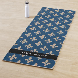 Fleur de Lis, Beige on Navy Blue, Royal, Your Name Yogamatte