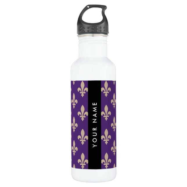 Fleur de Lis, Beige on Purple, Royal, Your Name Edelstahlflasche (Vorderseite)