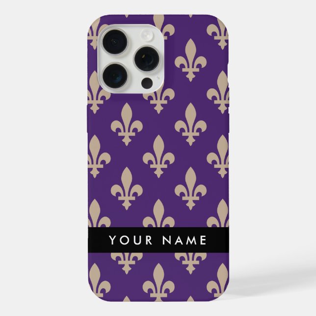 Fleur de Lis, Beige on Purple, Royal, Your Name iPhone Hülle (Rückseite)