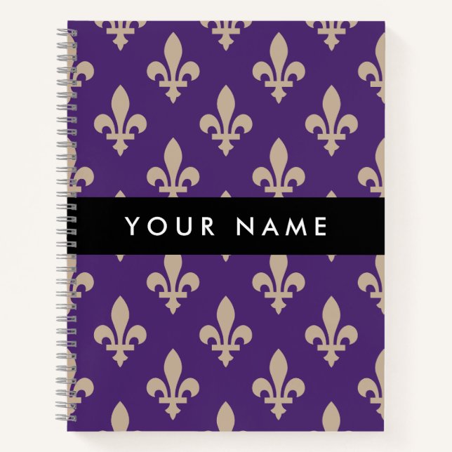 Fleur de Lis, Beige on Purple, Royal, Your Name Notizbuch (Vorderseite)