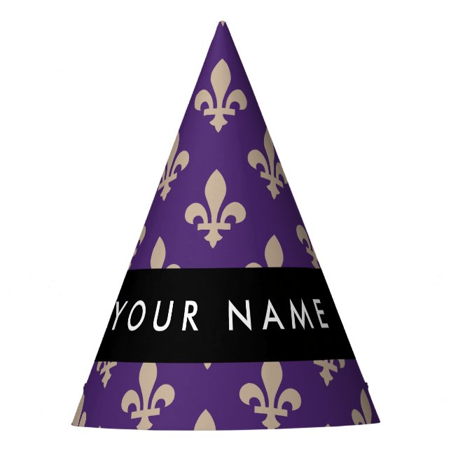Fleur de Lis, Beige on Purple, Royal, Your Name Partyhütchen (Vorderseite)