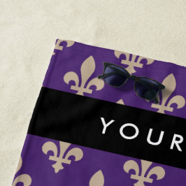 Fleur de Lis, Beige on Purple, Royal, Your Name Strandtuch