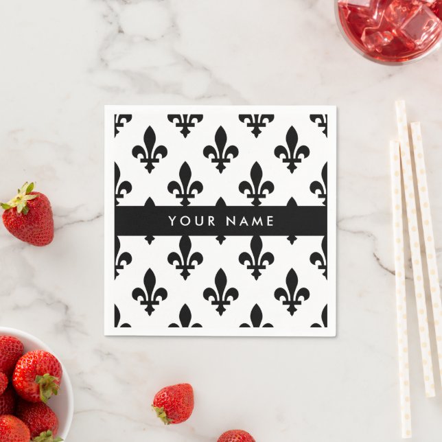Fleur de Lis, Black on White, Black, Your Name Serviette (Beispiel)