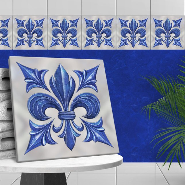 Fleur-De-Lis Blauer Marmor und Perle Fliese (Von Creator hochgeladen)
