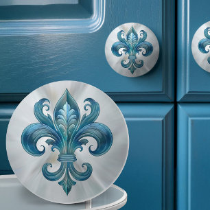 Fleur-De-Lis Blauer Marmor und Perle Keramikknauf