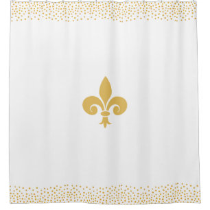 Fleur_de_Lis-Blume und goldenes Konfetti auf Weiß Duschvorhang