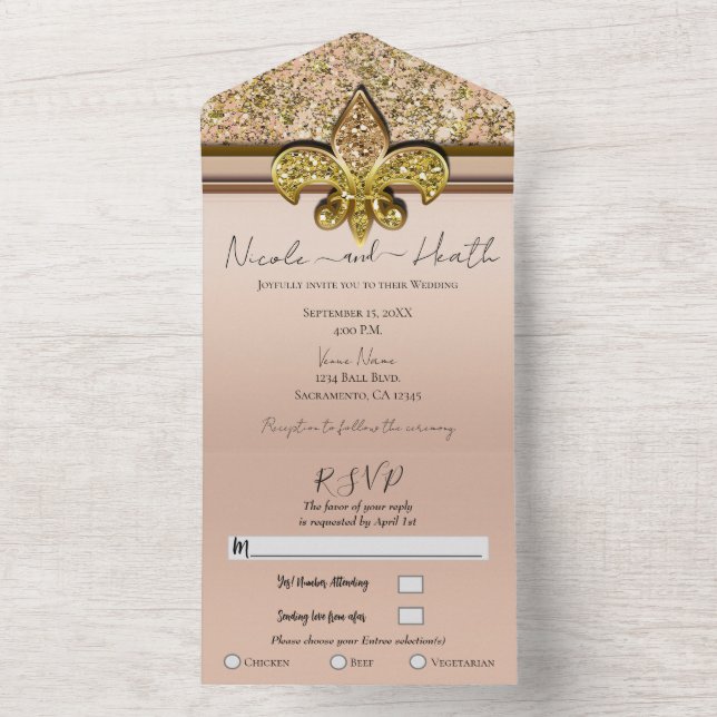 Fleur-de-lis Blush Pink Gold Glitzer Glam Wedding All In One Einladung (Innen Boden)