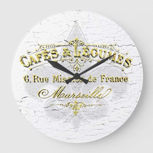 Fleur-de-lis Cafe Weathered Paint Große Wanduhr (Vorderseite)
