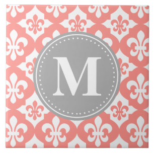 Fleur-De-Lis Coral Pink Gray Monogram Fliese