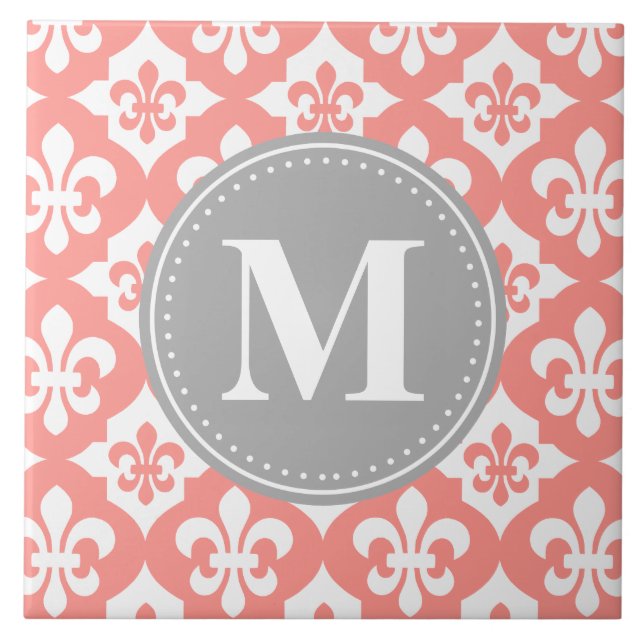 Fleur-De-Lis Coral Pink Gray Monogram Fliese (Vorderseite)