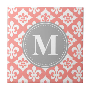 Fleur-De-Lis Coral Pink Gray Monogram Fliese