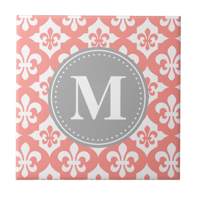Fleur-De-Lis Coral Pink Gray Monogram Fliese (Vorderseite)