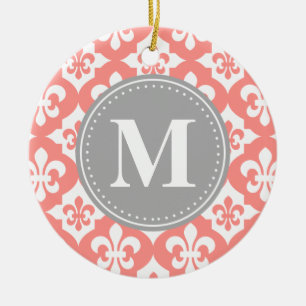 Fleur-De-Lis Coral Pink Gray Monogram Keramikornament