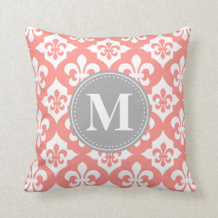 Fleur-De-Lis Coral Pink Gray Monogram Kissen