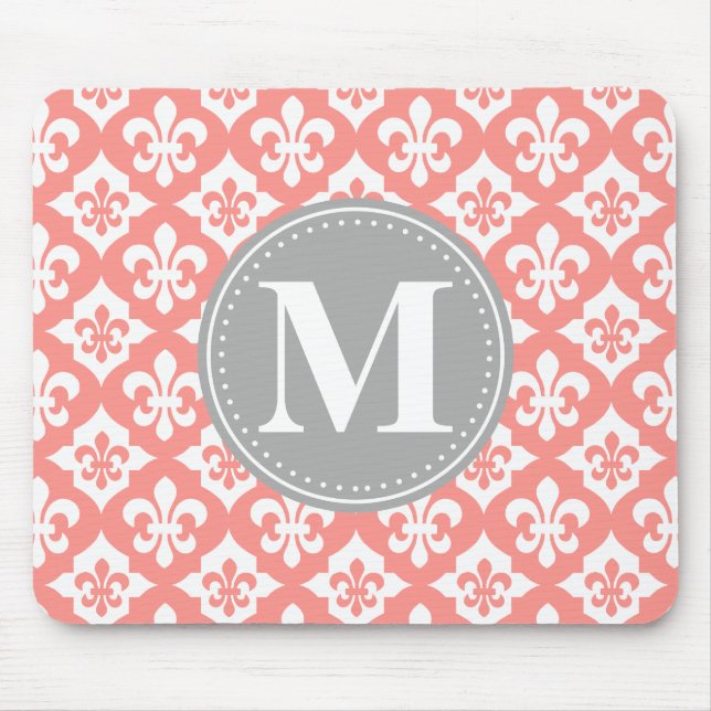 Fleur-De-Lis Coral Pink Gray Monogram Mousepad (Vorne)