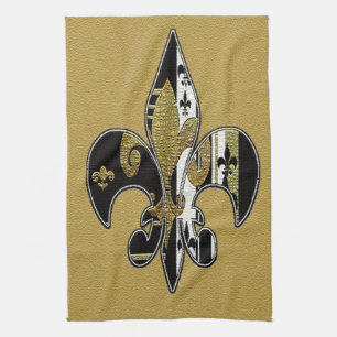 Fleur de lis glänzendes schwarzes, weißes und gold handtuch