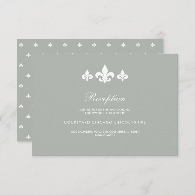 Fleur-de-lis Gray White Wedding Reception Card Einladung (Vorne/Hinten)