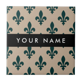 Fleur de Lis, Green on Beige, Royal, Your Name Fliese