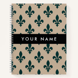 Fleur de Lis, Green on Beige, Royal, Your Name Notizbuch