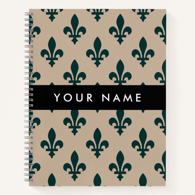 Fleur de Lis, Green on Beige, Royal, Your Name Notizbuch (Vorderseite)