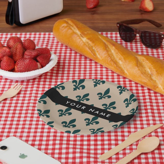 Fleur de Lis, Green on Beige, Royal, Your Name Pappteller (Picknick)
