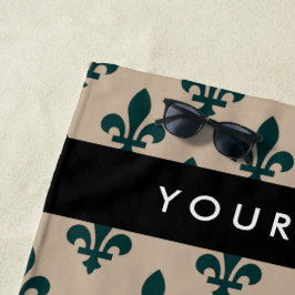 Fleur de Lis, Green on Beige, Royal, Your Name Strandtuch