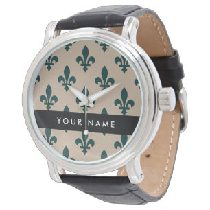 Fleur de Lis, Grün auf Beige, Royal, Ihr Name Armbanduhr