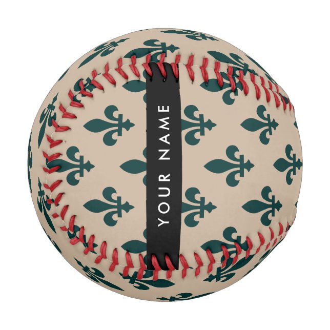 Fleur de Lis, Grün auf Beige, Royal, Ihr Name Baseball (Vorderseite Links)