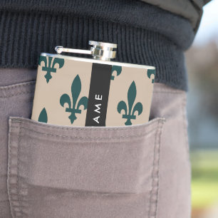 Fleur de Lis, Grün auf Beige, Royal, Ihr Name Flachmann
