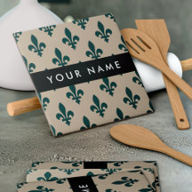 Fleur de Lis, Grün auf Beige, Royal, Ihr Name