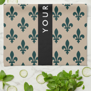 Fleur de Lis, Grün auf Beige, Royal, Ihr Name Geschirrtuch