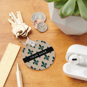 Fleur de Lis, Grün auf Beige, Royal, Ihr Name Schlüsselanhänger