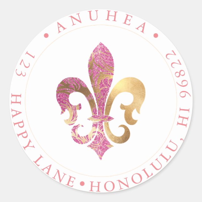 FLEUR DE LIS | IMITATE GOLD+PINK GLITZER DAMASK RUNDER AUFKLEBER (Vorderseite)