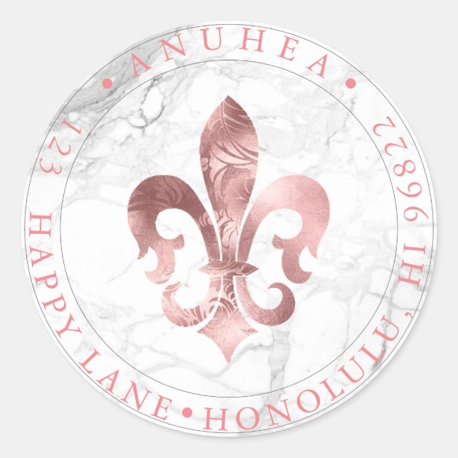 FLEUR DE LIS | IMITATE ROSE GOLD DAMASK RUNDER AUFKLEBER (Vorderseite)