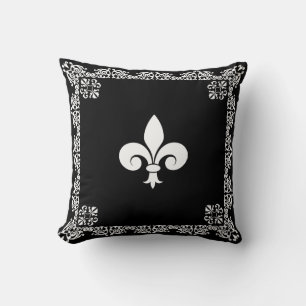 Fleur de Lis in Weiß und Rahmen auf Schwarz Kissen